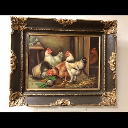 نقاشی مرغ و لانه رنگ روغن با قاب چوبی اندازه 35در 47