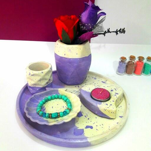 ست سنگ مصنوعی گلدان و  جاوارمری و جاشمعی  طرح کاشی ترکیب با رنگ بنفش