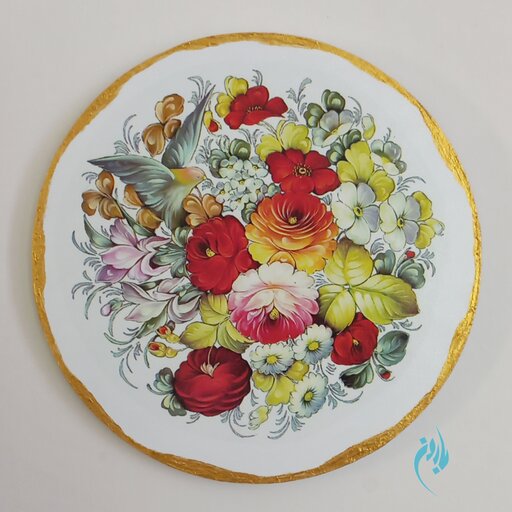 تابلوی دیوارکوب و رومیزی چوبی گل و مرغ  قطر 15 سانت دکوپاژ و نقاشی