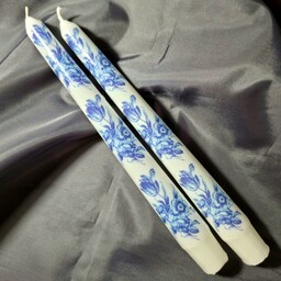 شمع قلمی 20 سانت جفتی دستساز طر ح گل آبی 5