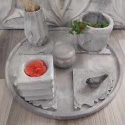 ست سنگ مصنوعی 10تکه طوسی سفید شامل سینی  و گلدان و زیر گلدانی و جاجواهری و پرنده