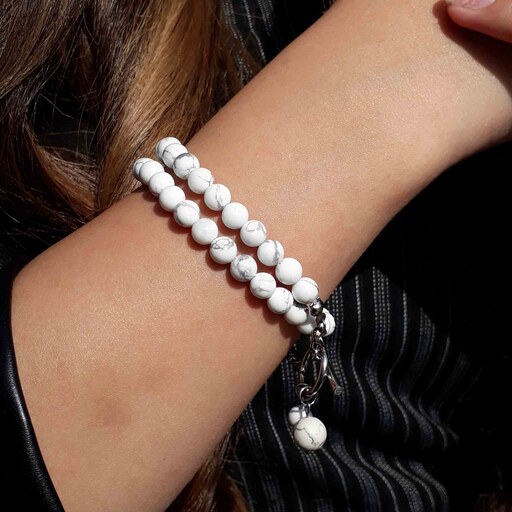 دستبند دوردیفه سنگ هائولیت سفید - دستبند برای خانم ها و آقایان
