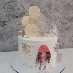 کیک تولد خانگی با تم زمستانی دخترونه  تولد با فوندانت و چاپ   وزن 1500کیلوگرم ( فیلینگ نوتلا و موز و گردو)