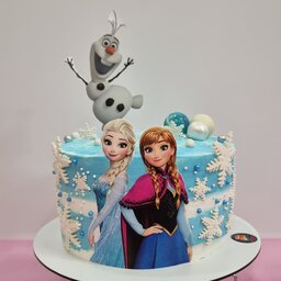 کیک  تولد خانگی با تم السادو دخترونه تاپر برف فوندانتی و گوی شکلاتی وزن 2کیلوگرم ( فیلینگ نوتلا و موز و گردو)