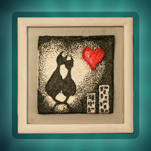 نقاشی برجسته طرح فانتزی دو گربه و قلب