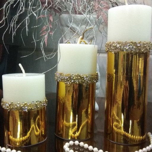 شمع ست استوانه ای آینه ای سه تایی با نوار طلایی و نقره ای مواد درجه یک 