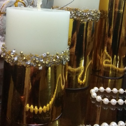 شمع ست استوانه ای آینه ای سه تایی با نوار طلایی و نقره ای مواد درجه یک 