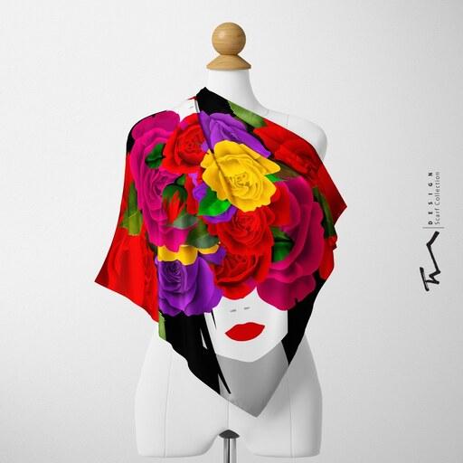 روسری نخی قواره بزرگ 135   - طرح راز گل های رز- لطیف و سبک - روی سر لیز نمیخورد