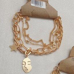 اکسسوری زنانه بدلیجات دستبند چهارلاین مدل چهره طلایی با زنجیر تنظیم سایز 