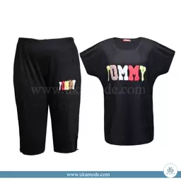 تیشرت شلوارک زنانه ویسکوز گلدوزی پولیش TOMMY - مشکی