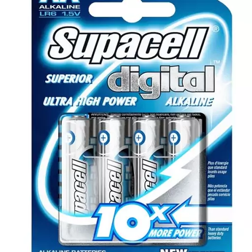 باتری قلمی آلکالاین سوپاسل کارت 4 عددیSupacell Digital Superior Alkaline for Extra High Power and Digital use.