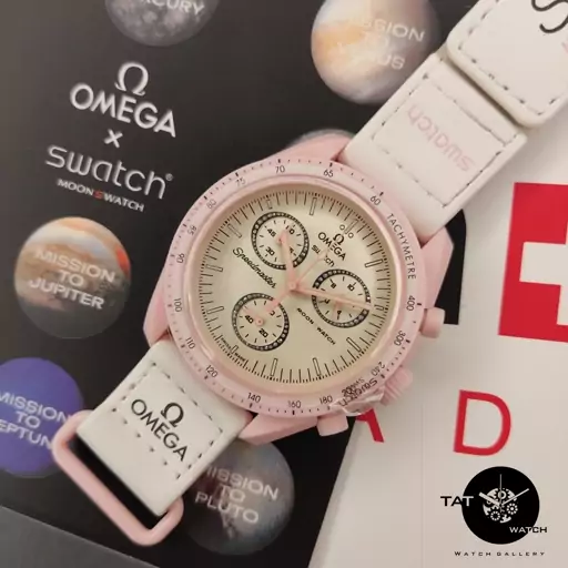 ساعت مچی امگاسواچ صورتی اسپرت زنانه مردانه یک سال گارانتی جعبه ارسال رایگان در رنگبندی omega swatch