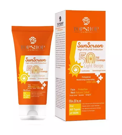 کرم ضد آفتاب SPF50 رنگی مناسب برای انواع پوست حجم 50 میلی لیتر تاپ شاپ  بیوتی مال