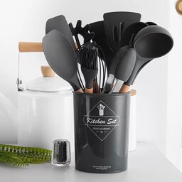 سرویس کفگیر و ملاقه سیلیکونی 12 پارچه دسته چوبی Kitchenware Set