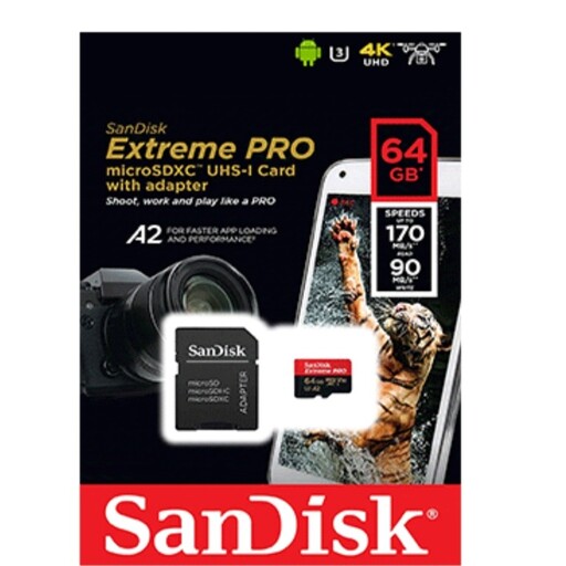 کارت میکرو اس دی سن دیسک 64 گیگ SanDisk Extreme Pro microSDXC UHS-I U3 A2 V30 64GB with Adapter