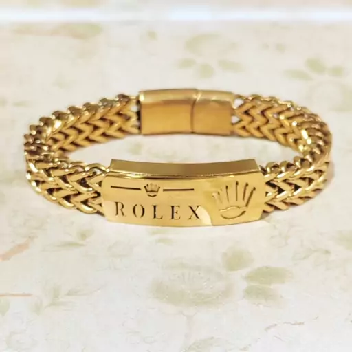 دستبند استیل rolex پلاک دار طلایی اسپرت مردانه 