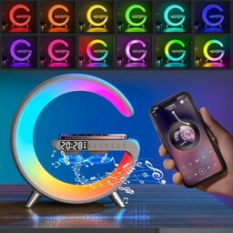 شارژر بیسیم وایرلس اسپیکر بلوتوثی چراغ خواب RGB ساعت رومیزی امکان برقراری تماس 5 تا 15 وات سایز بزرگ جی لامپ n69