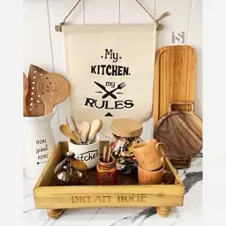 دستمال دکوری تکست دار خاص - با چوب بالای کار - آویز - طرح  Kitchen RULES