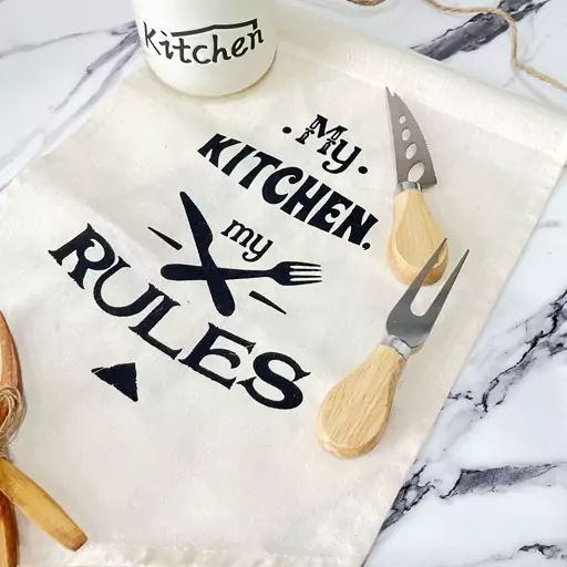 دستمال دکوری تکست دار خاص - با چوب بالای کار - آویز - طرح  Kitchen RULES