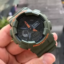 ساعت  مچی جی شاک GA110 سبز لجنی  (جیشاک GShock) ، صد در صد ضدآب ، تنظیم اتوماتیک با پایتخت کشورها ، اتولایت دار