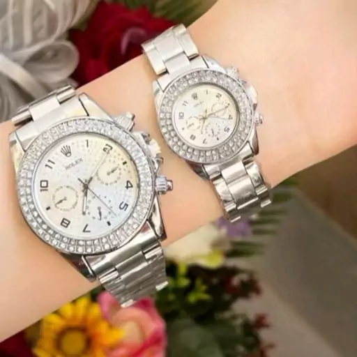 ست ساعت مچی مردانه و زنانه رولکس Rolex نگین دار نقره ای کد 958