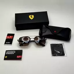 عینک آفتابی ریبن فراری مستطیلی قهوه ای با پک کامل اصلی Rayban Ferrari c287