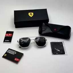 عینک آفتابی ریبن فراری مستطیلی کریستالی شفاف با پک کامل اصلی Rayban Ferrari c287