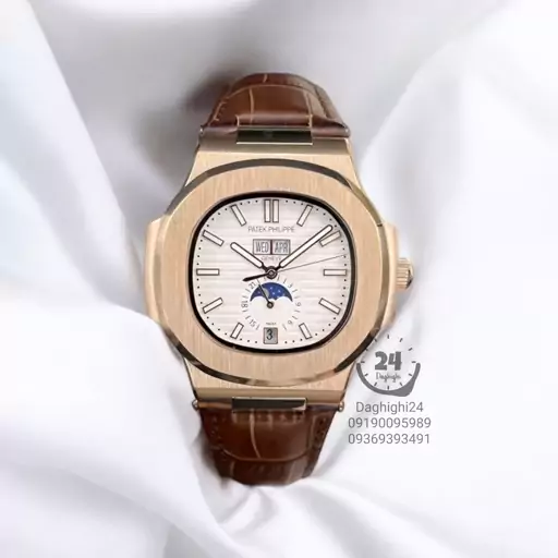 ساعت پتک فیلیپ ناتیلوس تقویم سالانه رزگلد صفحه سفید بند چرمی patek philippe nautilus