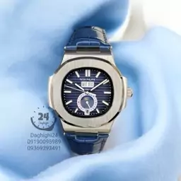 ساعت مچی پتک فیلیپ ناتیلوس تقویم سالانه نقره ای صفحه سرمه ای بند چرمی patek philippe nautilus