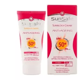 کرم ضد آفتاب بدون رنگ سان سیف spf 50 مدل ANTI AGEING مناسب برای انواع پوست حجم 50 میلی لیتر