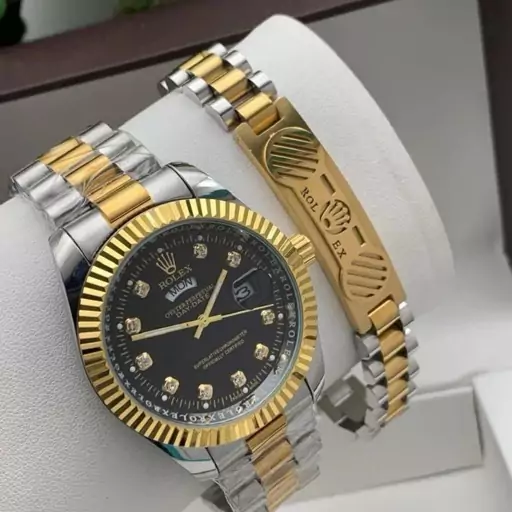 ست دستبند و ساعت رولکس rolex رنگ طلایی فوق العاده زیبا و درجه یک  کد1