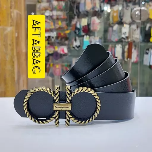 کمربند زنانه اسپورت مشکی سگک طرحدار Ferragamo عرض 3.5 سانتیمتر