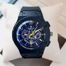 ساعت مچی مردانه (پسرانه) هابلوت Hublot تقویم دار عقره ایی بند سیلیکات مشکی موتور نمایان طرح دو موتوره عقربه طلایی کد2737