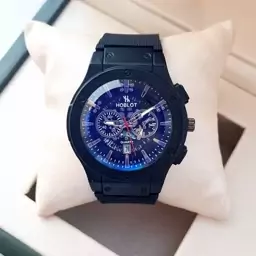 ساعت مچی مردانه (پسرانه) هابلوت Hublot تقویم دار عقره ایی بند سیلیکات مشکی موتور نمایان طرح دو موتوره مشکی عقربه نقره ای