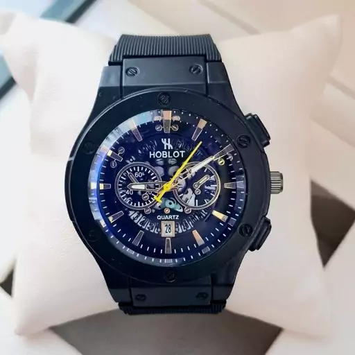 ساعت مچی مردانه (پسرانه) هابلوت Hublot تقویم دار عقره ایی بند سیلیکات مشکی موتور نمایان طرح دو موتوره مشکی عقربه نقره ای