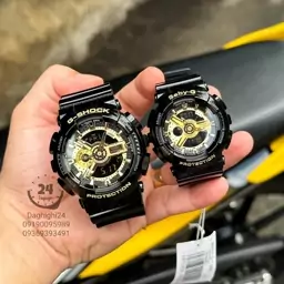 ساعت  مچی ست زنانه مردانه جی شاک مشکی طلایی (GShock و Babyg)،صد درصد ضدآب ، تنظیم اتوماتیک با پایتخت کشورها، اتولایت دار