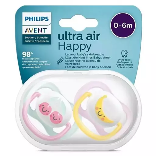 پستانک ارتودنسی 0 تا 6 ماه دوتایی فیلیپس اونت PHILIPS AVENT سری UltraSoft طرح موز و آلبالو