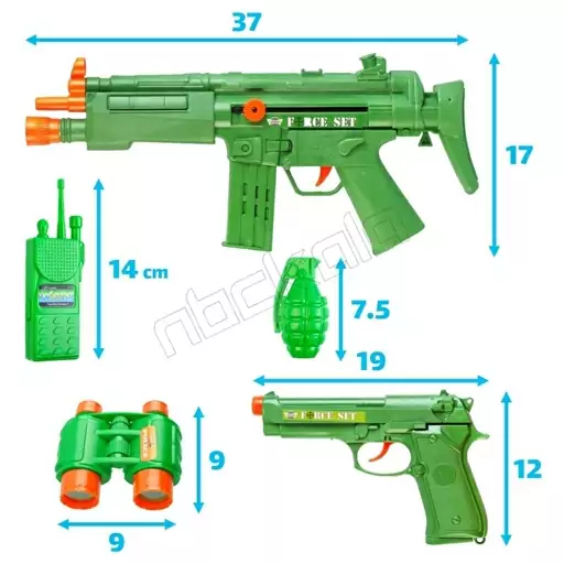 اسباب بازی ست تفنگ و کلت جغجغه ای الفا .مجموعه 5 عددی. موجود در 2 رنگ آبی و سبز