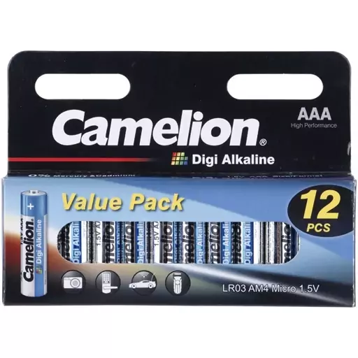 باتری نیم قلمی Camelion Digi Alkaline LR03 AM4 1.5V AAA بسته 12 عددی