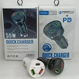 شارژر فندکی 3 پورت 55W اورجینال فست شارژ از نوع QC3 دو خروجی USB و یک خروجی PD