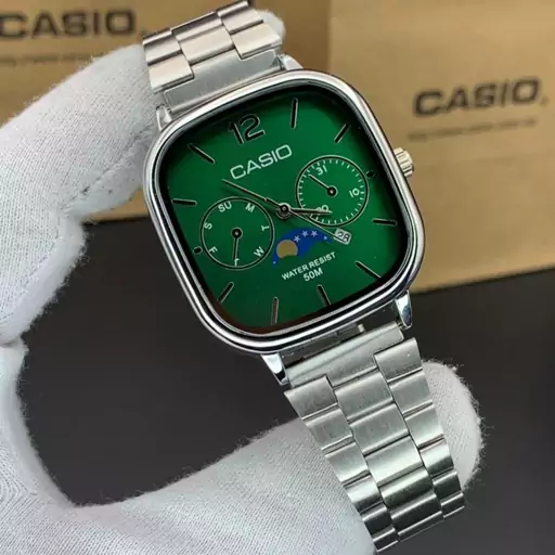 ساعت مچی مردانه کاسیو مربعی casio کلاسیک بند استیل نقره ایی صفحه نمایش سبز موتور ژاپن طرح دو موتوره تقویم دار کد2812