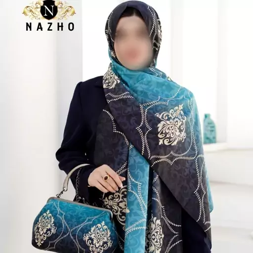 ست کیف و روسری و شال زنانه مجلسی رنگ آبی فیروزه ای طرح بته جقه na611 