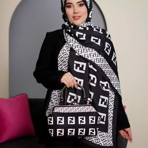 ست کیف و روسری و شال زنانه طرح فندی مجلسی رنگ مشکی na614