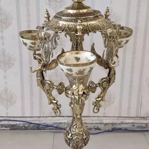 میوه خوری برنز پایه دار کنار سالنی مدل 3 فرشته پایه سنگی گرد کد 1407k (برنجی)