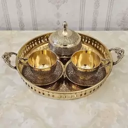 سرویس پذیرایی چای خوری برنزی هندی شامل سینی و فنجان و نعلبکی و قندان برنز هندی 4 تکه کد 3966 ( ست ظروف برنجی هندی )