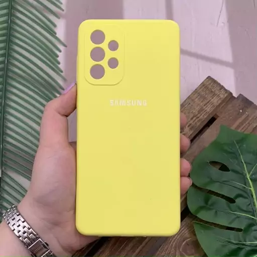 قاب گوشی Galaxy A73 5G سامسونگ سیلیکونی پاک کنی اورجینال داخل پارچه ای محافظ لنز دار رنگ زرد کد 39586