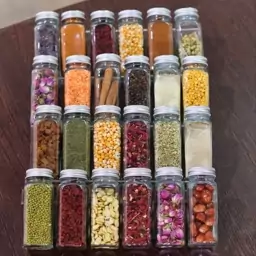 پک 24 عددی جا ادویه شیشه ای مک کارتی 12 سانت همراه 4 عدد استند کشویی، درپوش سیلیکونی و لیبل ضد آب 