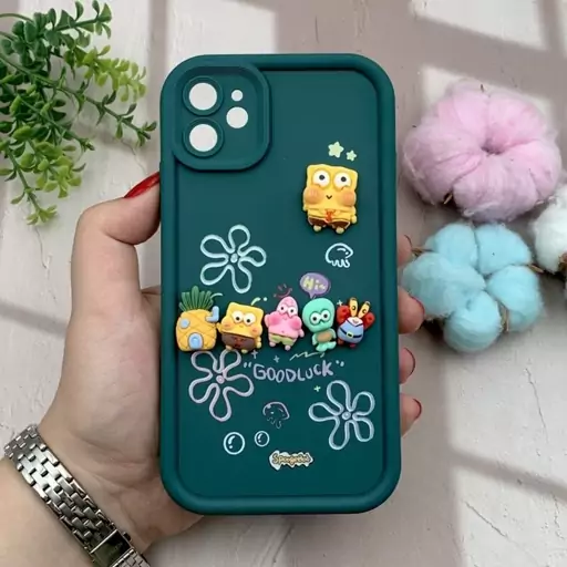 قاب گوشی iPhone 11 آیفون سیلیکونی Solid Case اورجینال خانواده پاتریک و باب اسفنجی سبز محافظ لنز دار کد 58411