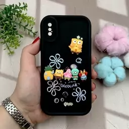 قاب گوشی iPhone X / iPhone XS آیفون سیلیکونی Solid Case اورجینال خانواده پاتریک و باب اسفنجی مشکی محافظ لنز دار کد 65560