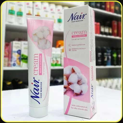 کرم موبر زیر بغل و بیکینی نایر برای انواع مو با روغن پنبه دانه ملایم و لطیف (90میل)nair